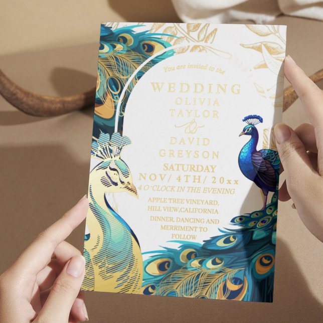Foil Peacock Feathers Flora Wedding Invitation (Creator Uploaded)