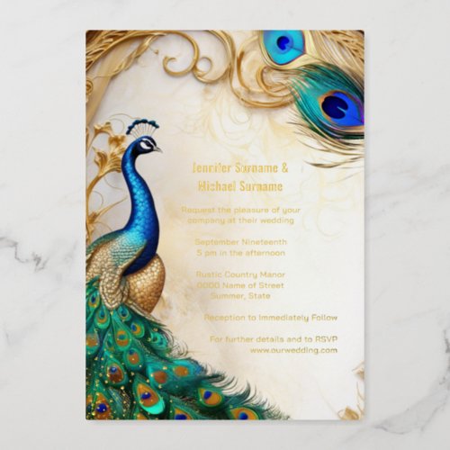 Foil peacock luxury vintage art nouveau Indian  Foil Invitation