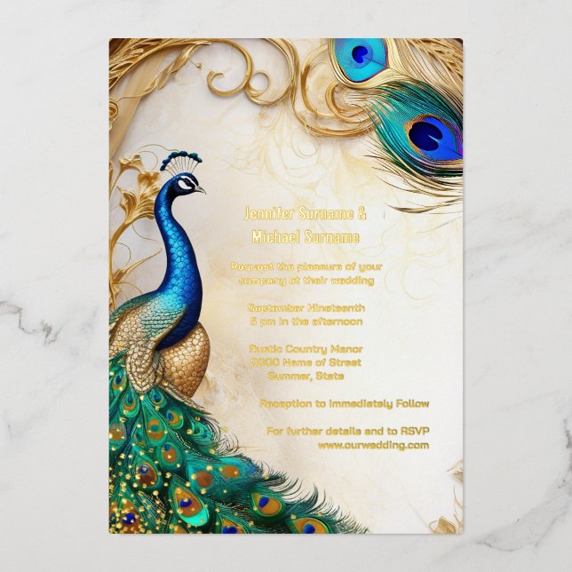 Foil peacock luxury vintage art nouveau Indian  Invitation (Front)