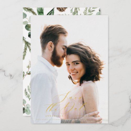 foil photo elegant script watercolor botanical  foil invitation