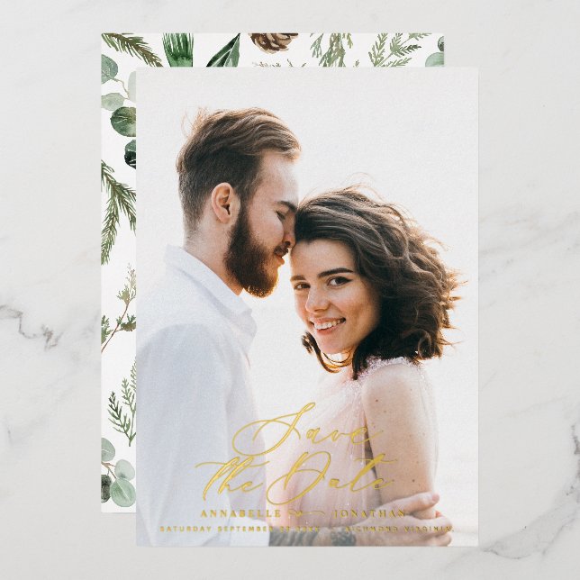 foil photo elegant script watercolor botanical  foil invitation (Front/Back)