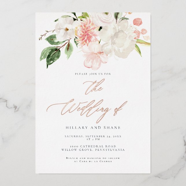 FOIL Pink Floral Garden Spring Wedding Invitation Foil Invitation (Front)