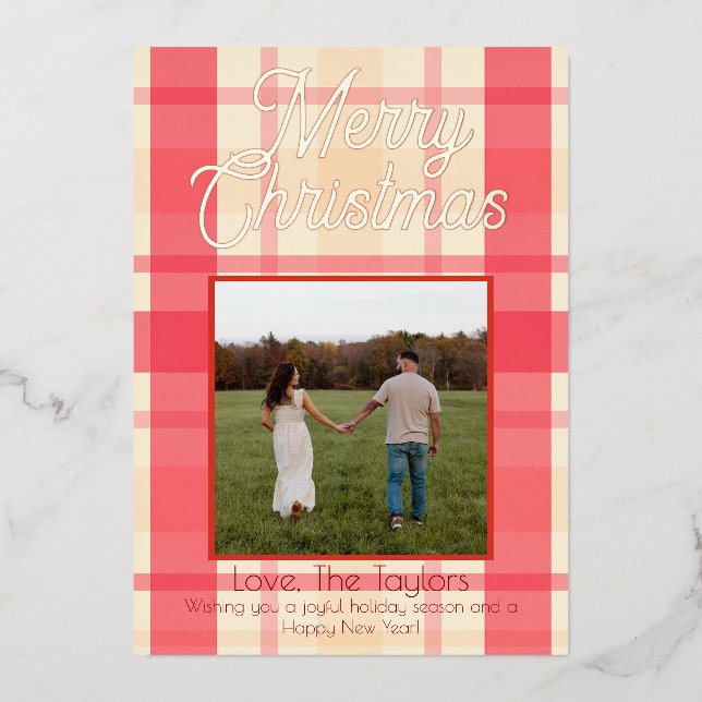 Foil Pink Plaid Vintage Merry Christmas Card (Front)