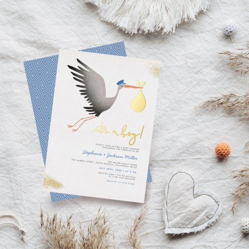 Foil Pressed  Blue  Gold Boy Stork Baby Shower Foil Invitation