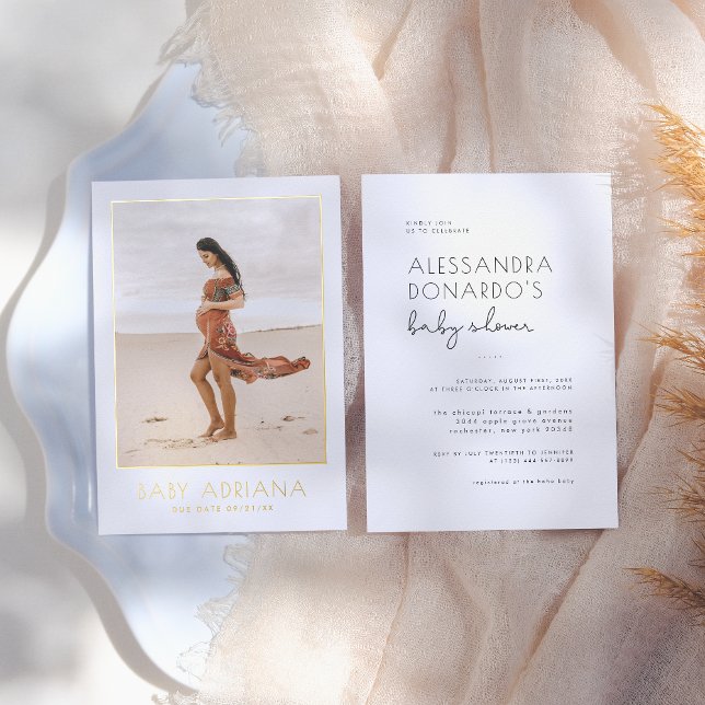 Foil Pressed | Boho Pregnancy Photo Baby Shower Foil Invitation (Creator Uploaded)