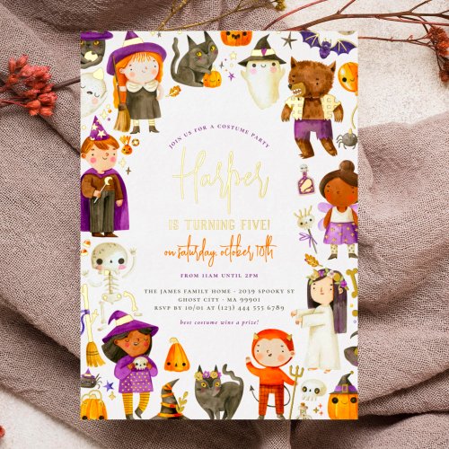 Foil Pressed Costume Girl Halloween Birthday Party Foil Invitation