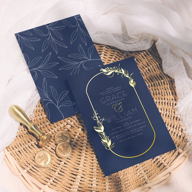 Foil Pressed | Navy Blue Botanical Frame Wedding Foil Invitation (Creator Uploaded)
