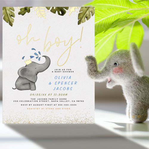 Foil Pressed Oh Boy Elephant Jungle Baby Shower Foil Invitation