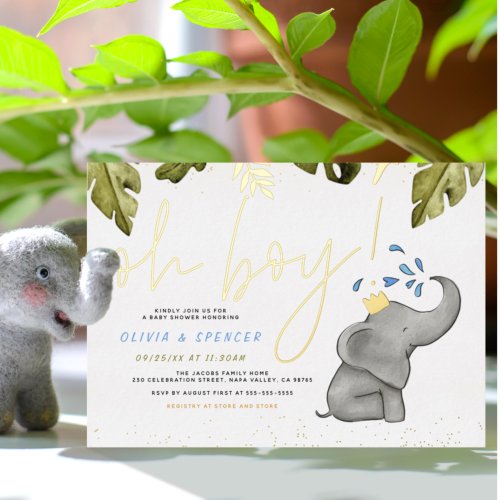 Foil Pressed  Oh Boy Elephant Leaves Baby Shower Foil Invitation