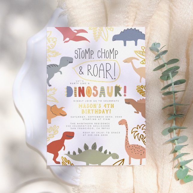 Foil Pressed | Roar! Dinosour Boy Birthday Party Foil Invitation (Creator Uploaded)
