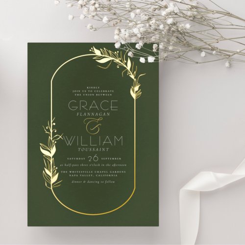 Foil Pressed  Sage Green Botanical Frame Wedding Foil Invitation