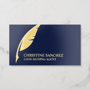FOIL Quill Pen Blue PUBLIC NOTARY SIGNING AGENT Business Cards