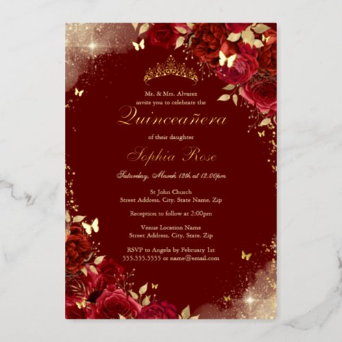 Foil Red Gold Butterfly Floral Quinceanera Foil Invitation