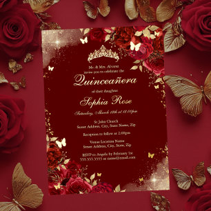 Foil Red Gold Butterfly Floral Quinceanera Invitation