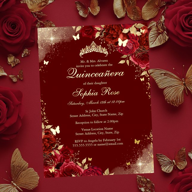 Foil Red Gold Butterfly Floral Quinceanera Invitation (Creator Uploaded)