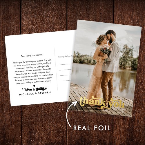Foil Retro Font Photo Wedding Thank You Postcard