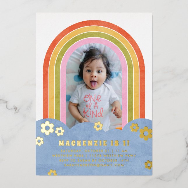 Foil Retro Rainbow Kid's Birthday Invitation Foil Invitation (Front)