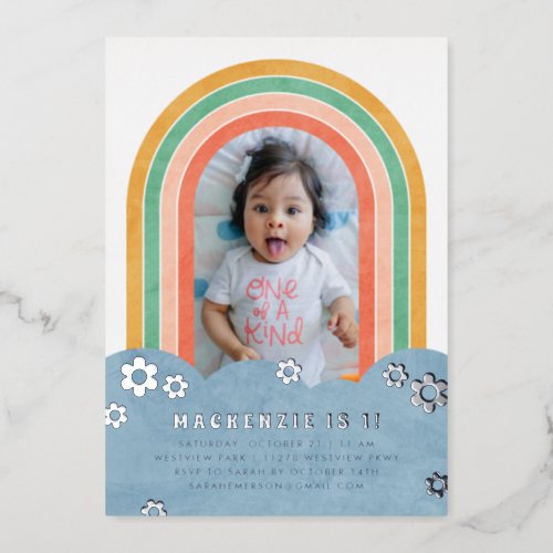 Foil Retro Rainbow Kids Birthday Invitation Foil Invitation