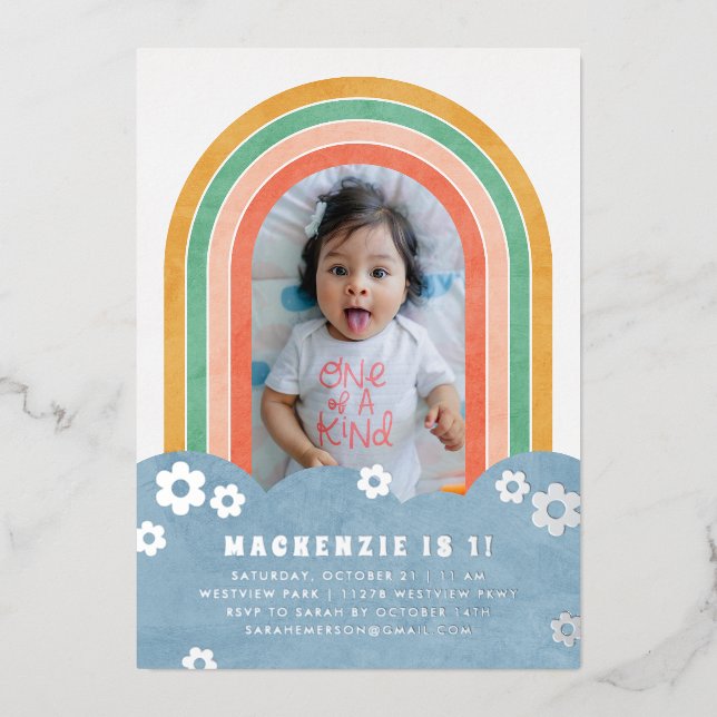 Foil Retro Rainbow Kid's Birthday Invitation Foil Invitation (Front)