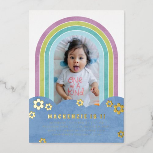 Foil Retro Rainbow Kids Birthday Invitation Foil Invitation