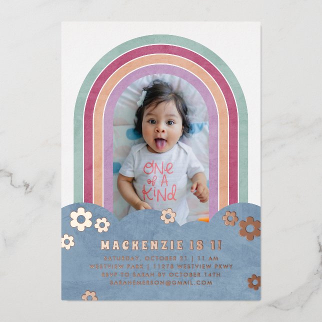 Foil Retro Rainbow Kid's Birthday Invitation Foil Invitation (Front)