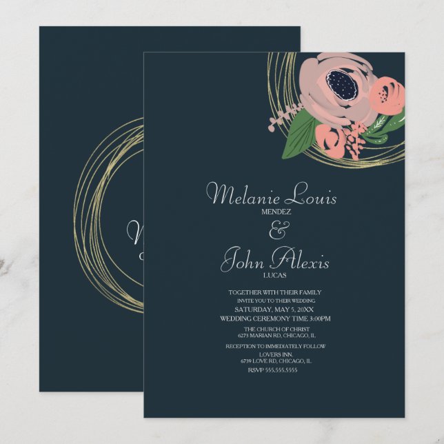 Foil Ring Blush Pink Rose Floral Botany Wedding Invitation (Front/Back)