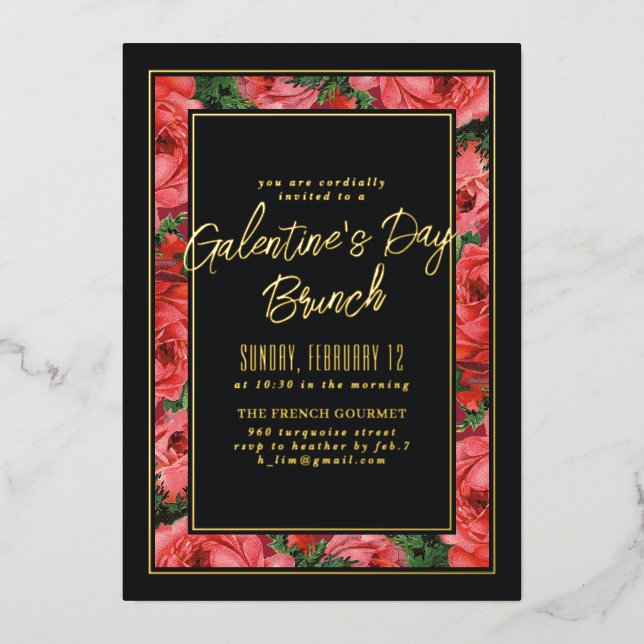 Foil Rose Frame Galentine's Day Invitation - Black Foil Invitation (Front)