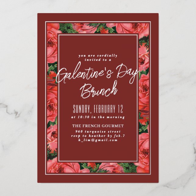 Foil Rose Frame Galentine's Day Invitation -Maroon Foil Invitation (Front)