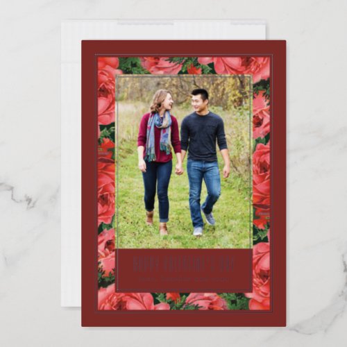 Foil Rose Frame Valentines Day Photo Card _Maroon