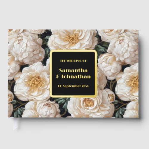 Foil rose rococo floral pattern gold white wedding guest book