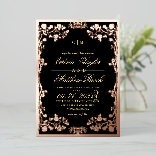 Foil Royal Black and Gold Floral Wedding Invitation