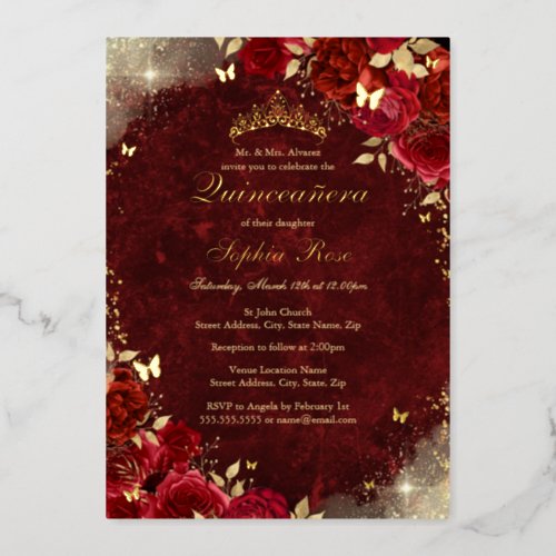 Foil Royal Red Gold Butterfly Floral Quinceanera Foil Invitation