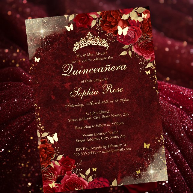 Foil Royal Red Gold Butterfly Floral Quinceanera Foil Invitation (Creator Uploaded)
