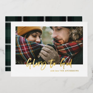 foil script glory to god green tartan photo  holiday card