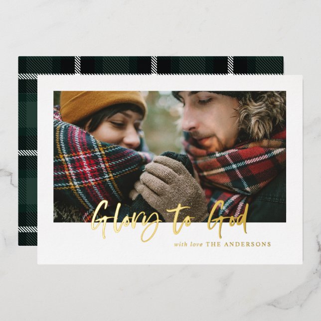 foil script glory to god green tartan photo  holiday card (Front/Back)
