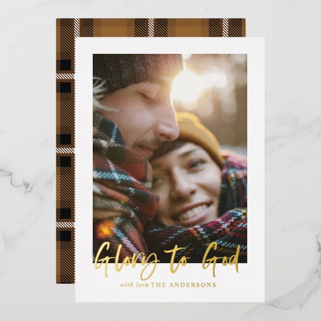 foil script glory to god mustard tartan photo holiday card (Front/Back)