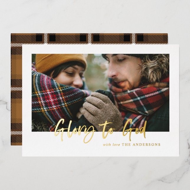 foil script glory to god mustard tartan photo  holiday card (Front/Back)