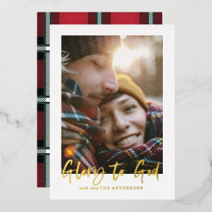 foil script glory to god red tartan photo holiday card
