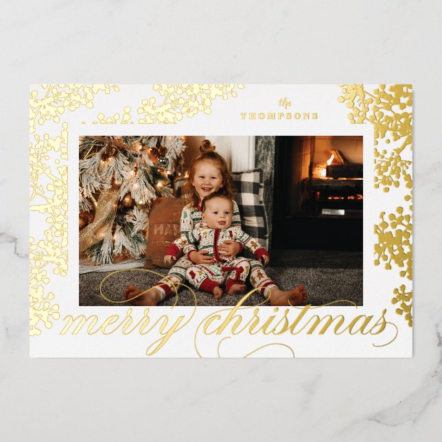 Foil Script Merry Christmas Foliage Photo Card (Front)