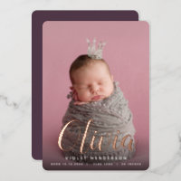 Foil Script Name Vertical Photo Birth Announcement