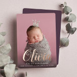 Foil Script Name Vertical Photo Birth Announcement<br><div class="desc">Let baby's name take center stage with these elegant birth announcements, featuring a vertical photo with baby's first name overlaid in rose gold foil calligraphy script lettering. Personalize with baby's middle and last name and birth stats beneath, and add an additional photo to the back, along with a personal message....</div>