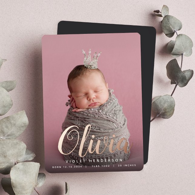 Foil Script Name Vertical Photo Birth Announcement (Creator Uploaded)