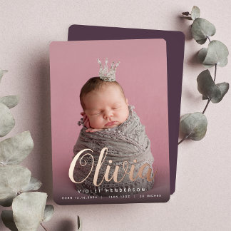Foil Script Name Vertical Photo Birth Announcement