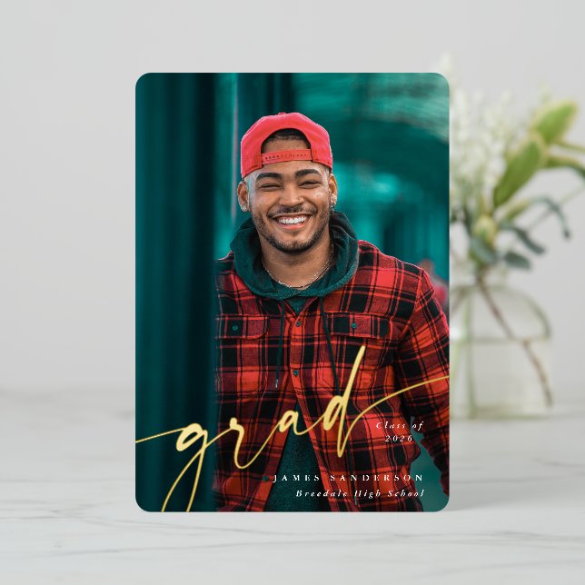 Foil Script Two Photo Graduation Announcement (Standing Front)