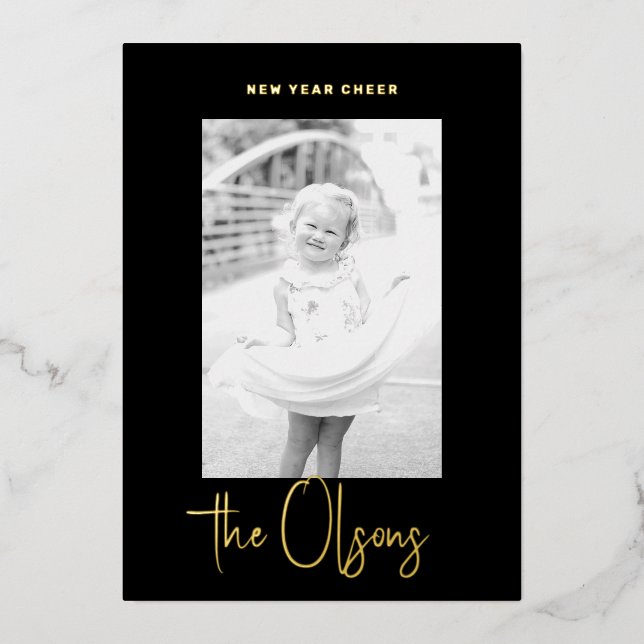 Foil Signature Cheer Black New Year Photo Card (Front)