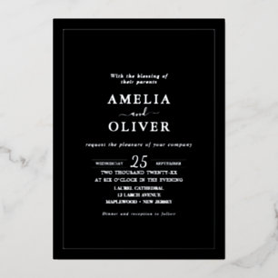 Foil Silver Black Timeless Minimalist Wedding Invitation