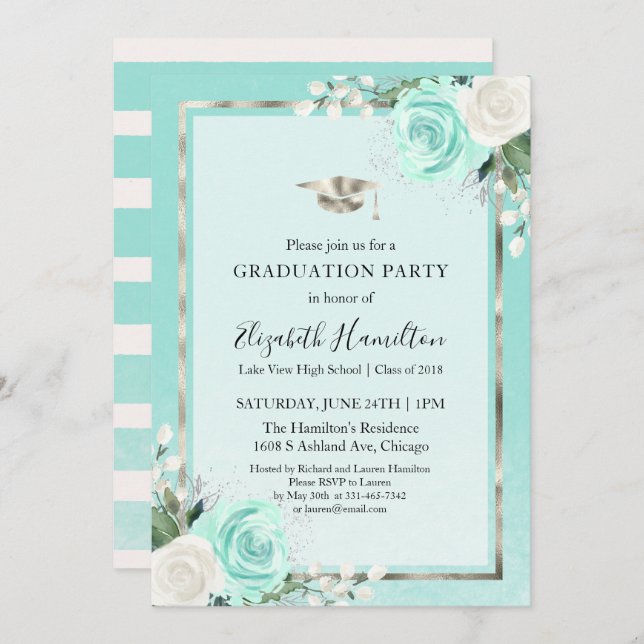 Foil Silver & Teal Modern Floral Graduation Party Invitation (Front/Back)