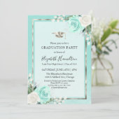 Foil Silver & Teal Modern Floral Graduation Party Invitation (Standing Front)