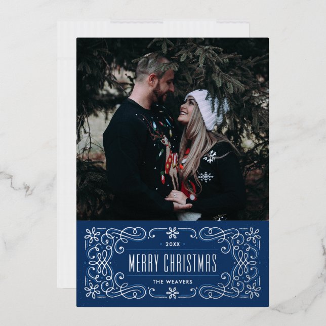 Foil Snowflake Flourish Frame Card - Blue (Envelope)