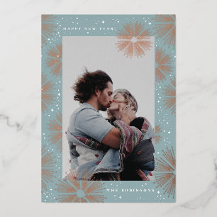 Foil Sparkly Blue Fireworks New Years Photo Card